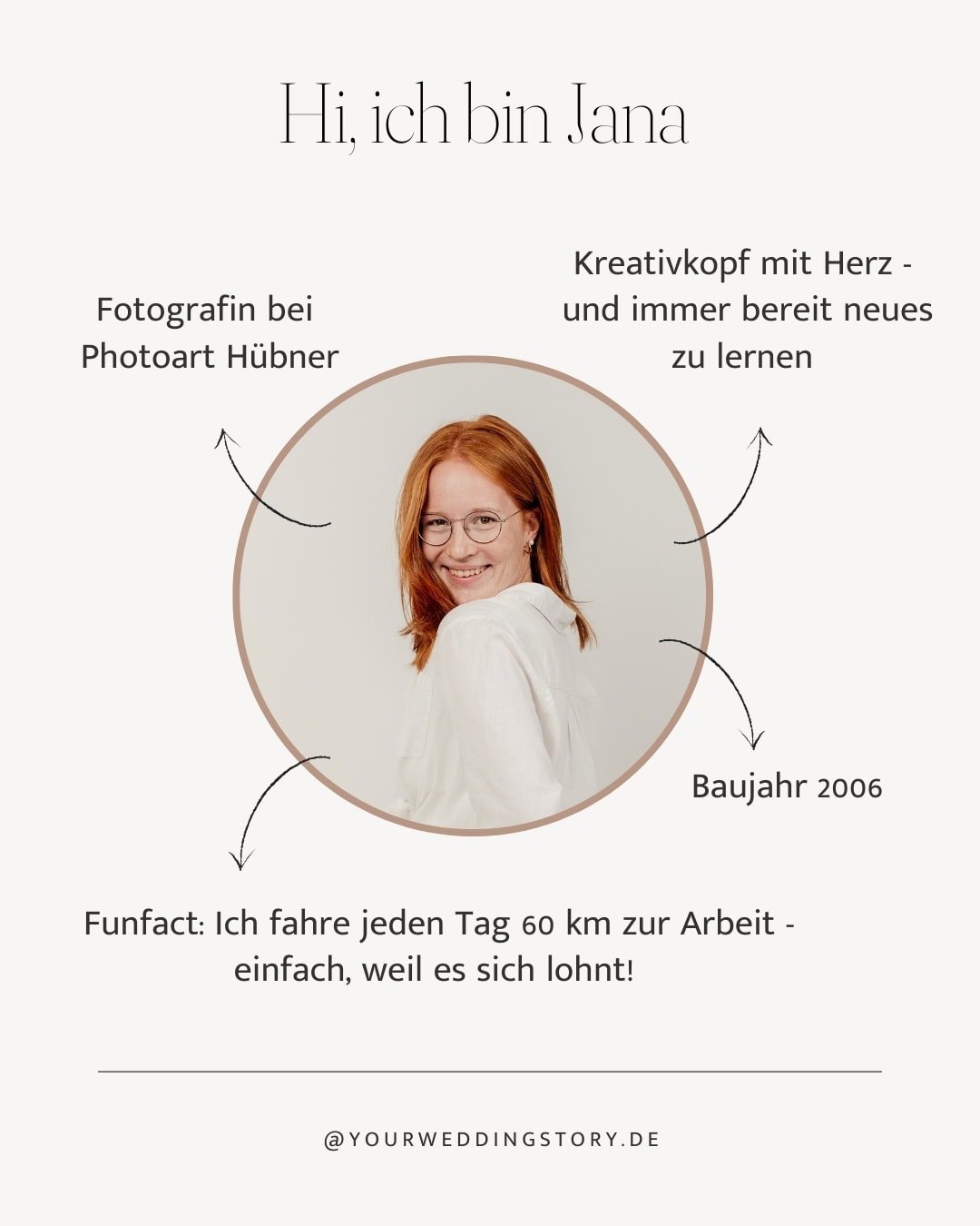 Lächelnde Frau mit roten Haaren und Brille, Hochzeitsfotografin bei Your Wedding Story.