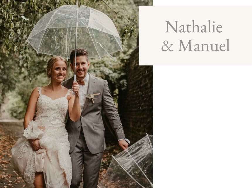 Romantische Hochzeitsfotografie eines glücklichen Paares im Grünen.